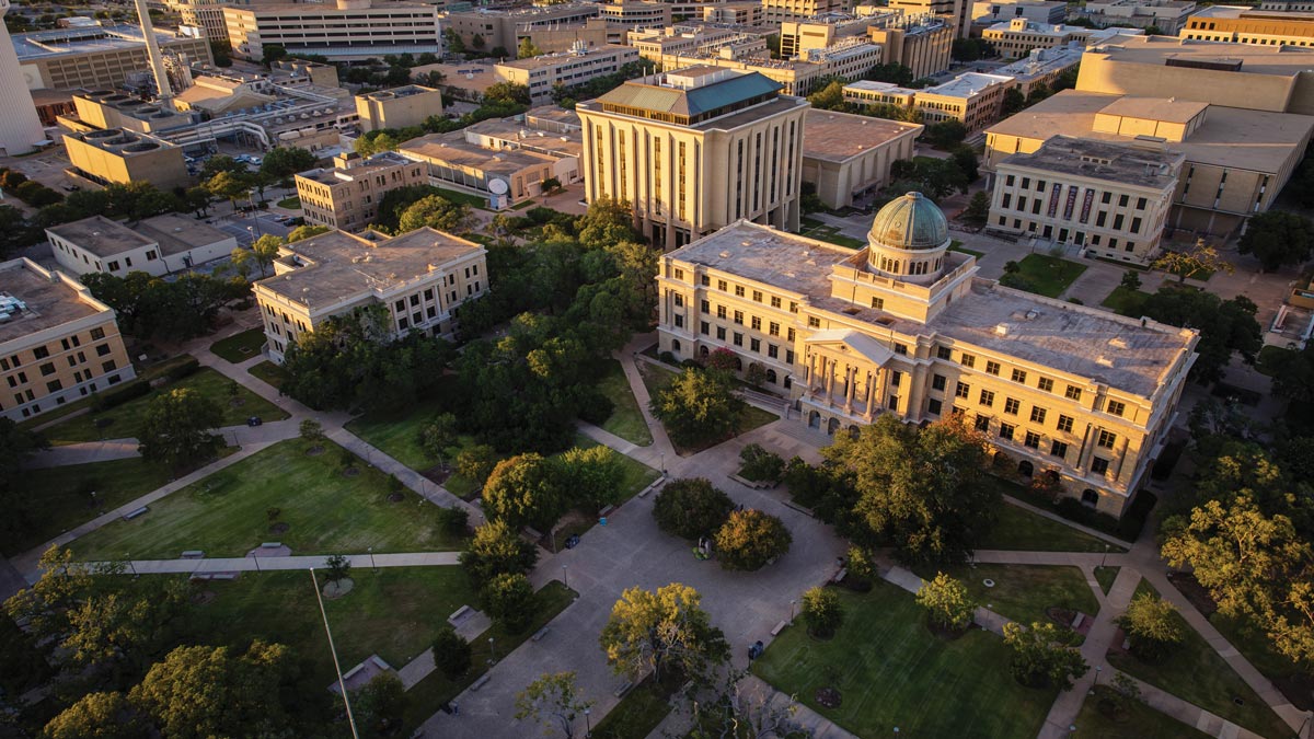 An aerial view of the Academic Building on campus