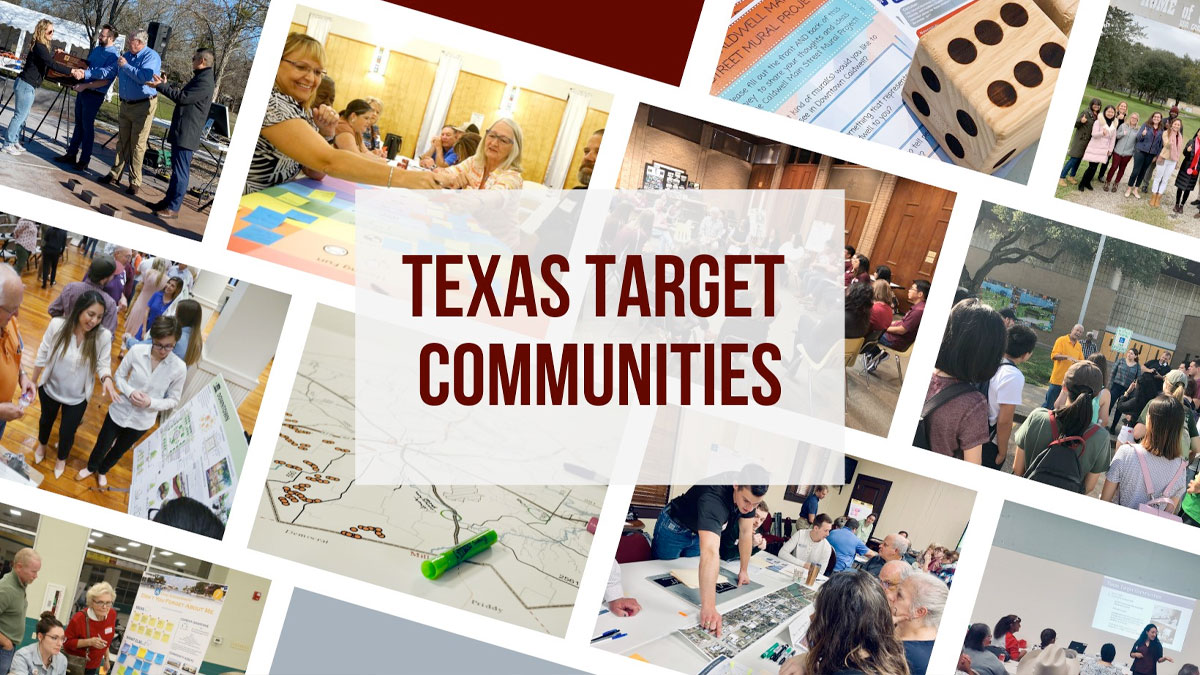 Texas Target Communities in a narrow font over a tilted collage of photos